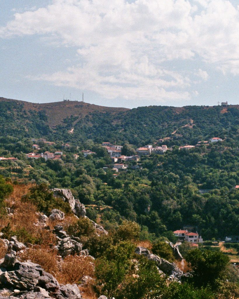 Blick über Oktonia: Dorf zwischen Bergen, umgeben von Wald